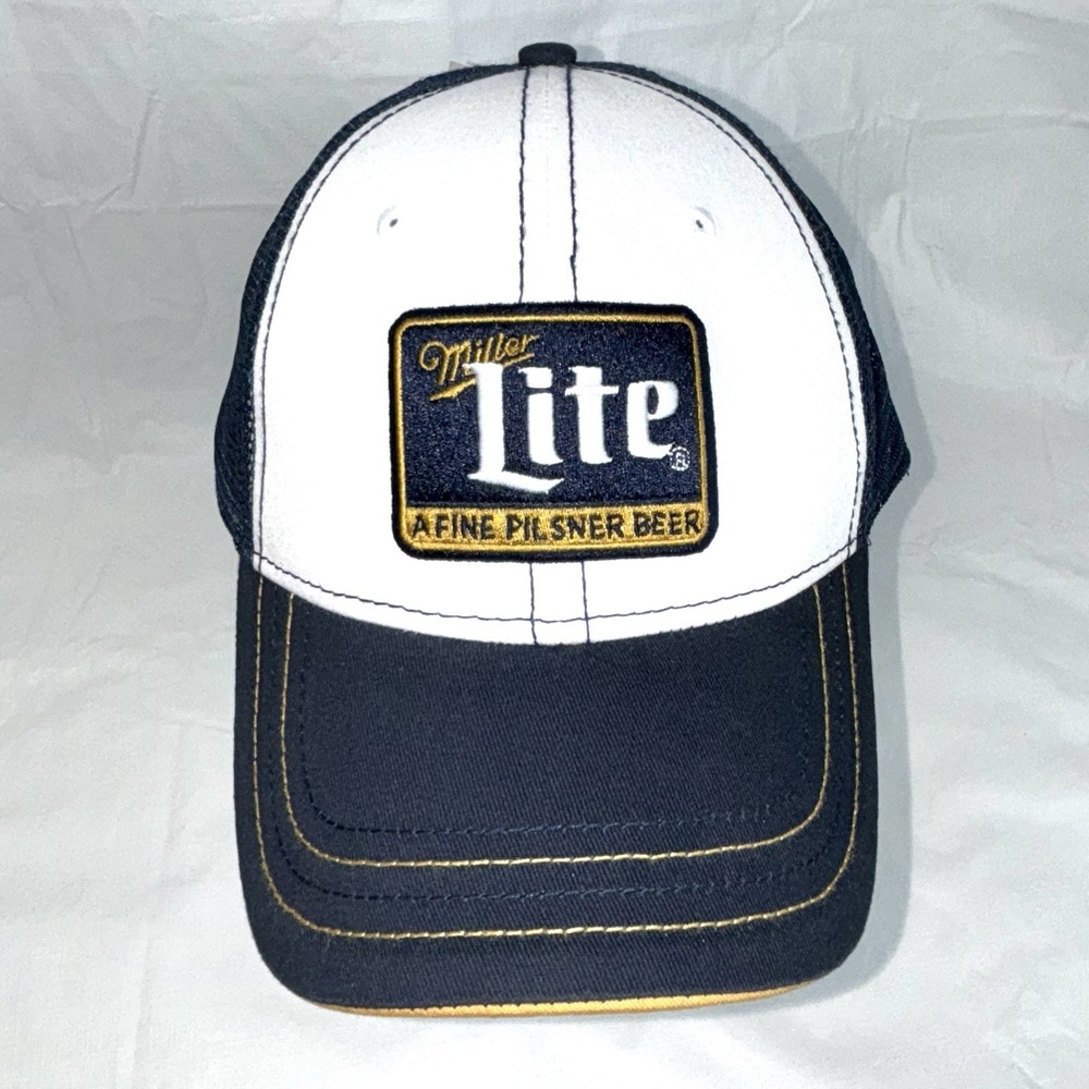 Miller Lite A Fine Pilsner Beer Logo Patch Snapback Trucker Mesh Hat Navy White